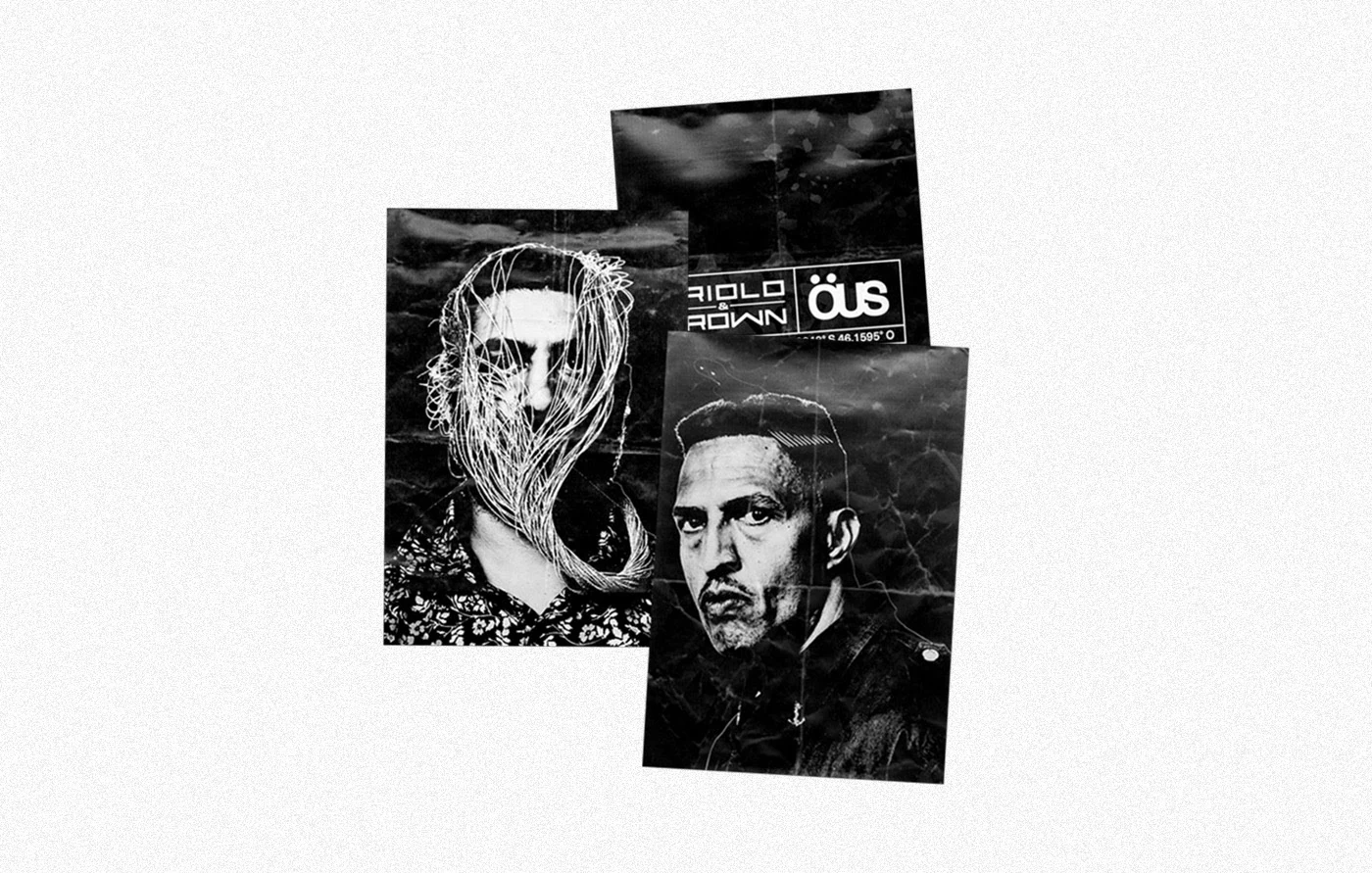 Three black and white posters of Criolo and Mano Brown carrying the ÖUS logo.