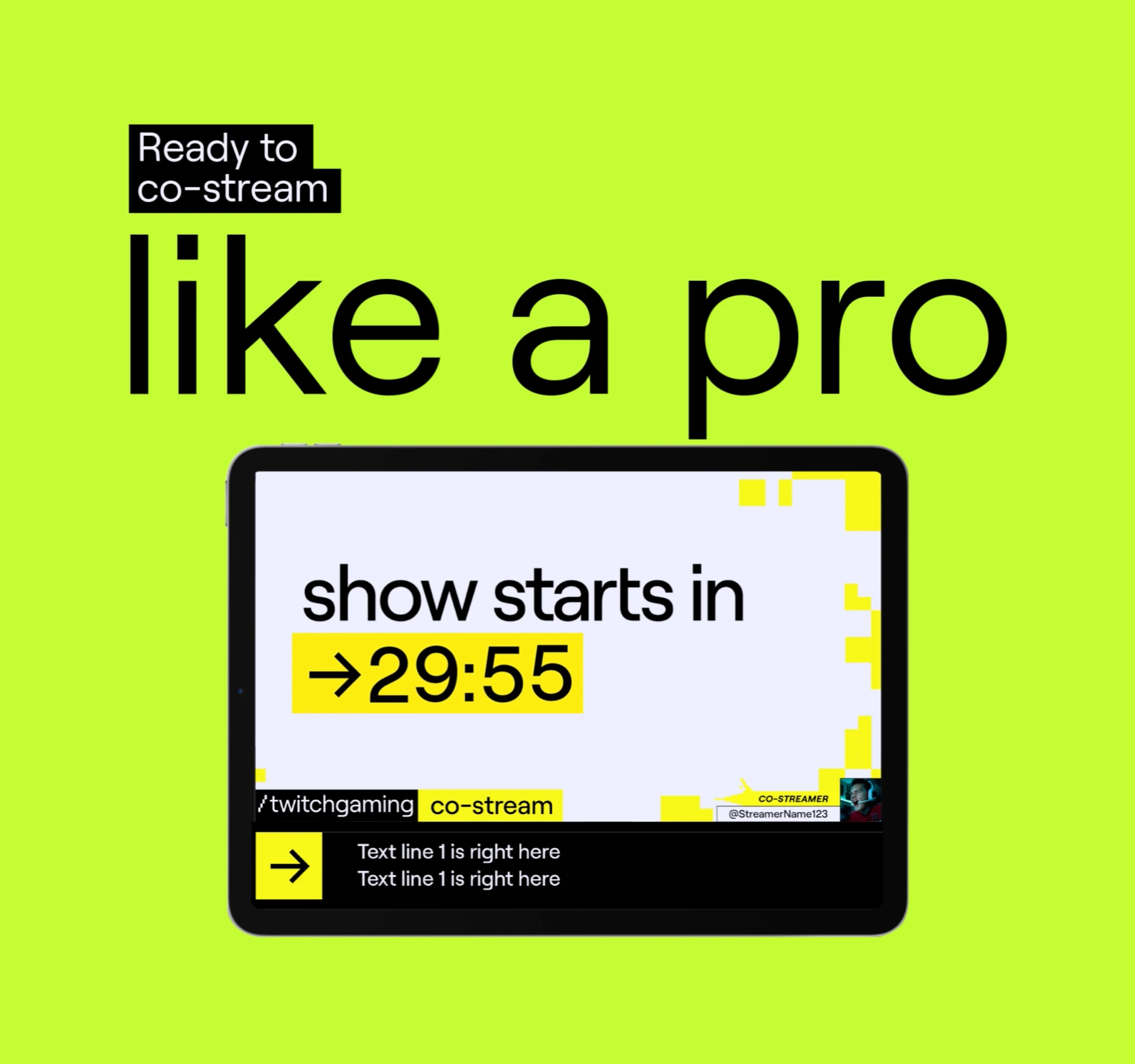 A tablet showing a /twitchgaming co-stream countdown overlay reading “show starts in 29:55”.