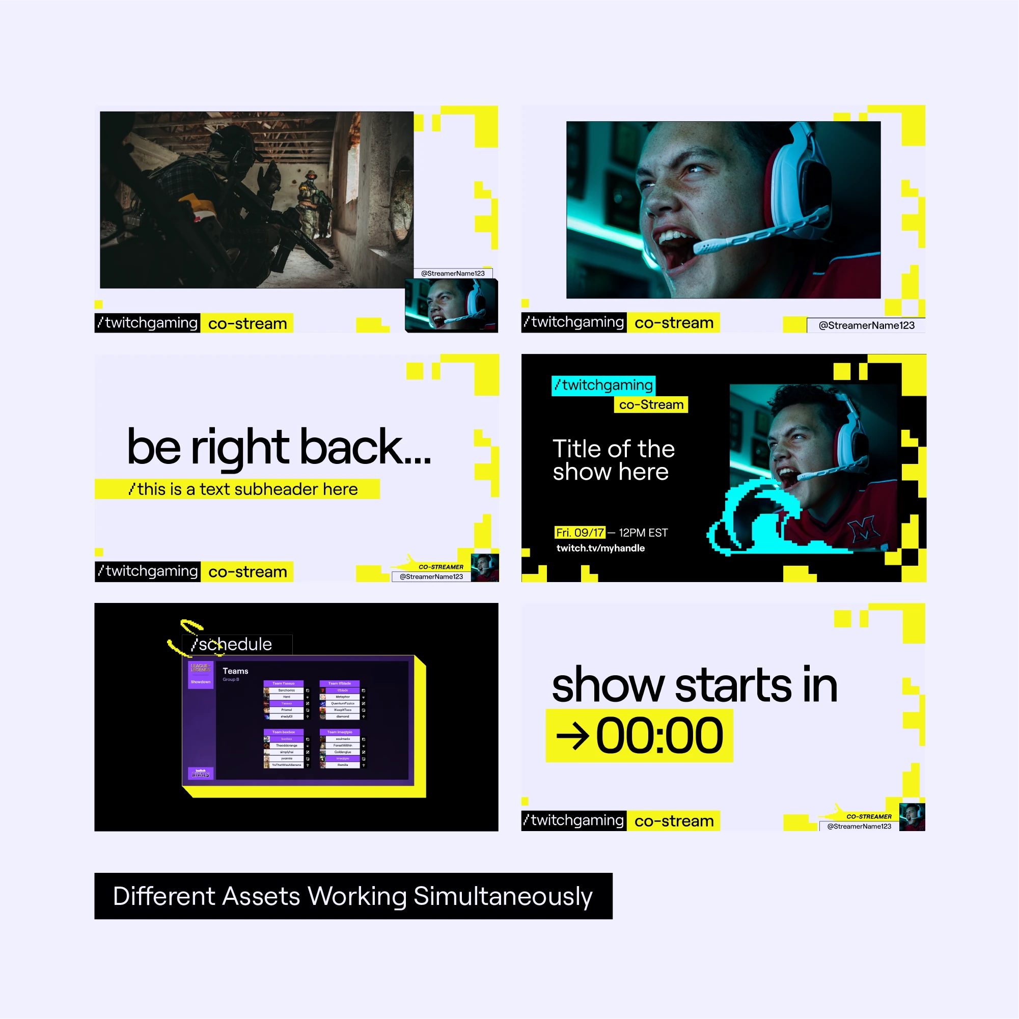 A grid of co-stream overlay assets: countdown, be-right-back, schedule and title cards.