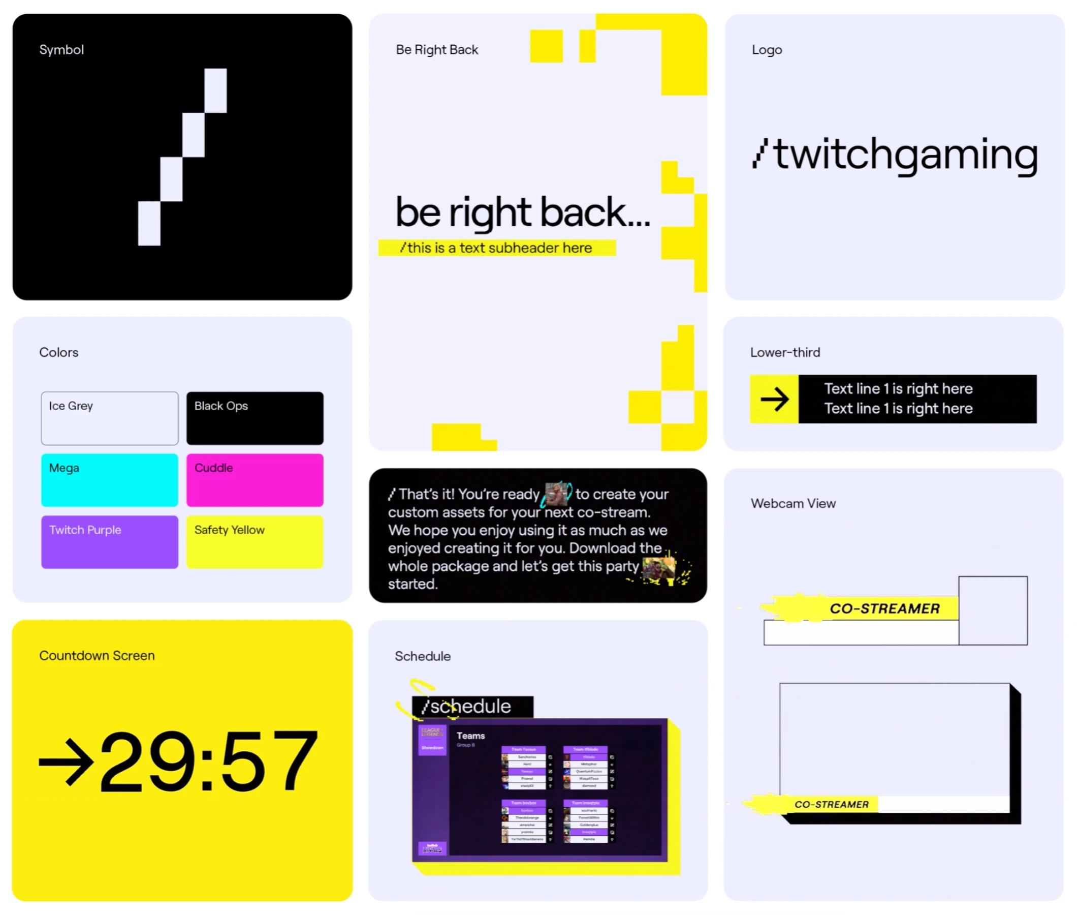 An asset kit overview showing the logo, colour palette, countdown screen, schedule and webcam frame.