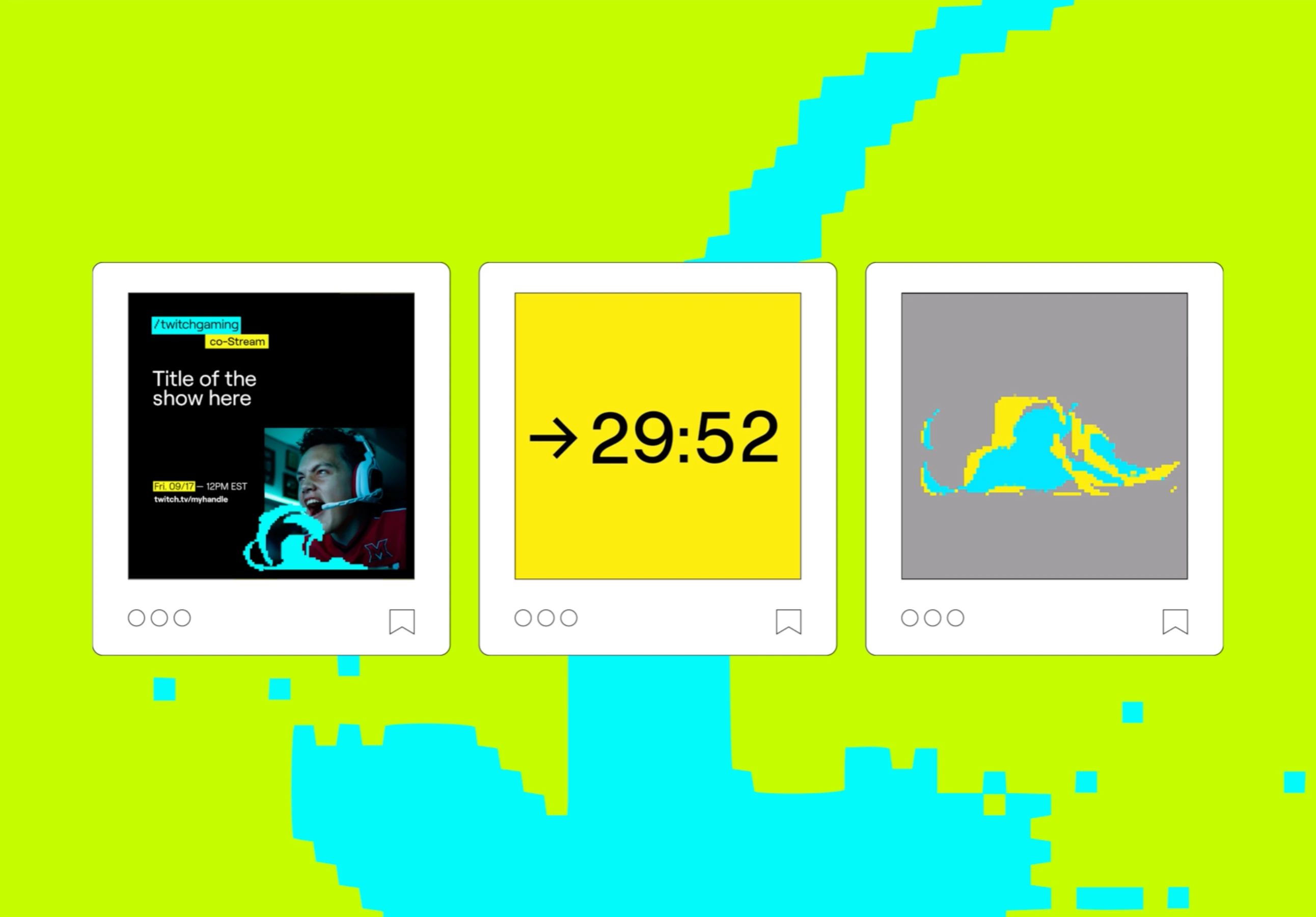 Three social posts mocked up over a pixelated lime and cyan background.